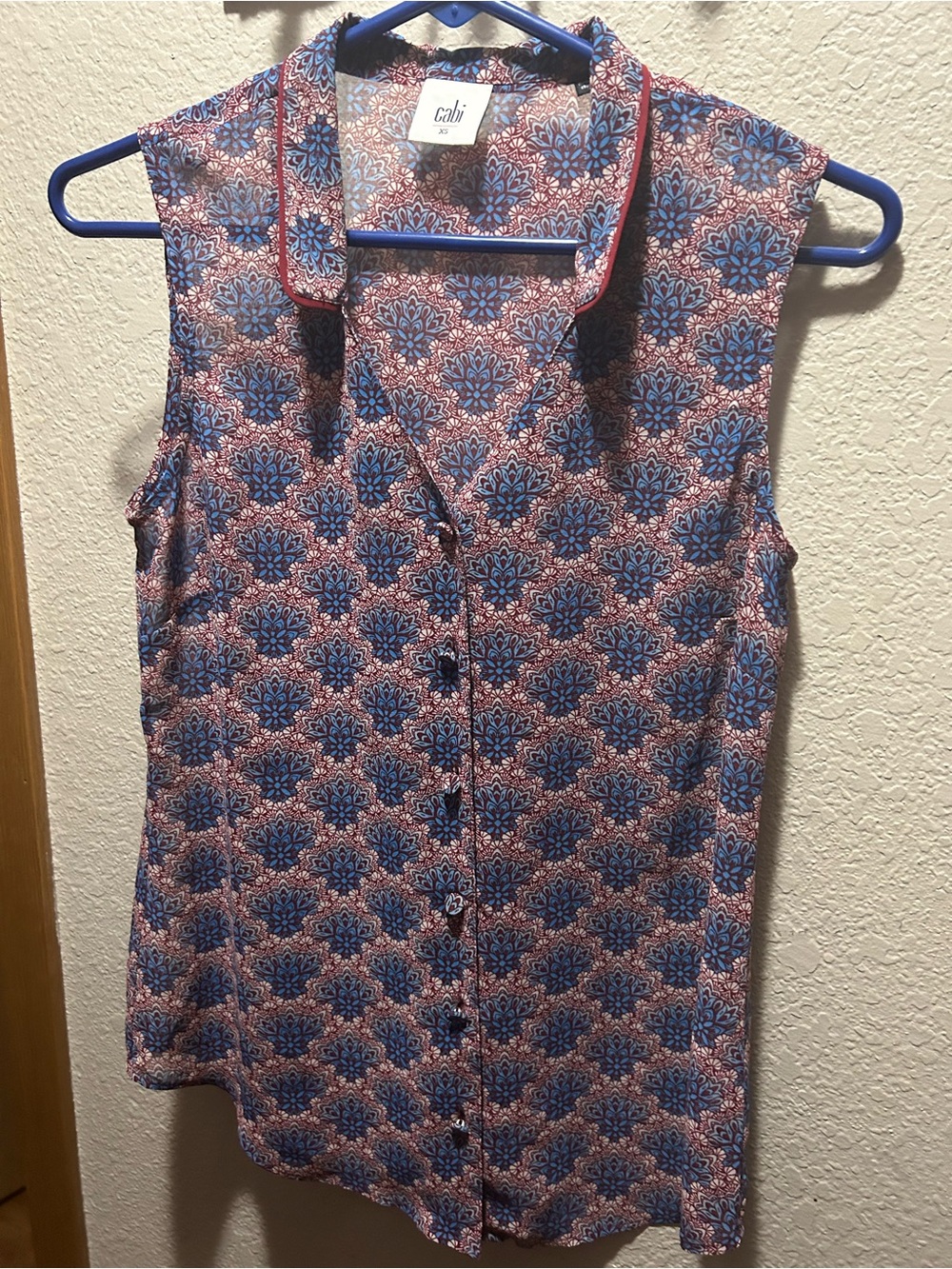 CAbi Blue and Pink Sleeveless Button-Front Blouse with Contrast Trim